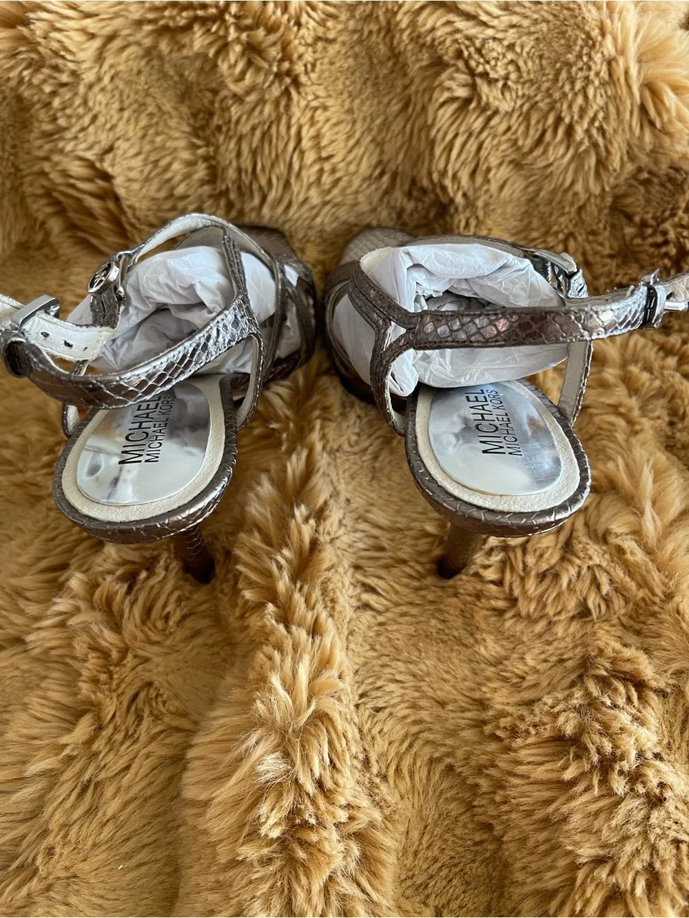 Michael Kors Bronze Metallic Snakeskin Strappy Stiletto Sandals